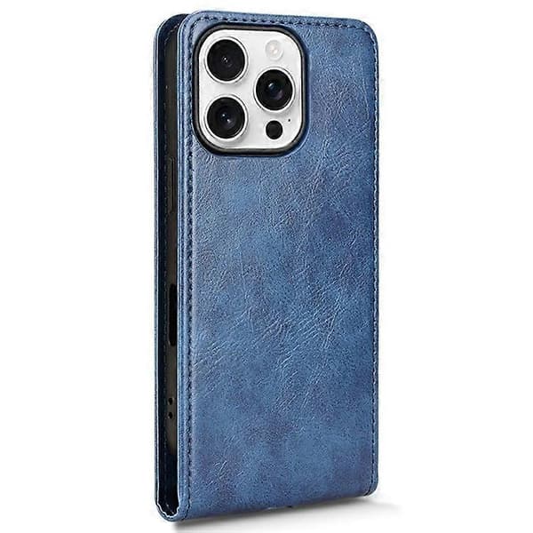 Kompatibelt etui til iPhone 16 Pro med kortplads, magnetisk vertikalt flip-cover i læder DarkBlue