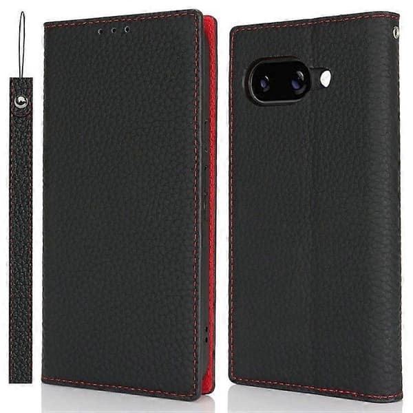 För Google Pixel 9a Plånboksfodral Äkta Kohud Telefonfodral Litchi Textur Black