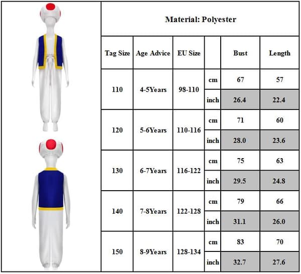 [LCS]Junge Super Mario Toad Børnetøj Cosplay Kostume Outfit Svampehat Halloween Rollespil 130cm