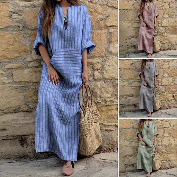 Dam sommar boho randig bomull linne klänning avslappnad kortärmad strand maxiklänning med framfickor Blue XXL