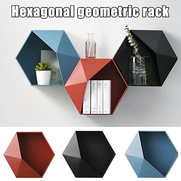 Geometrisk sekskantet opbevaringshylde nordisk vægbeslag flydende hylde display stand potteholder Blue