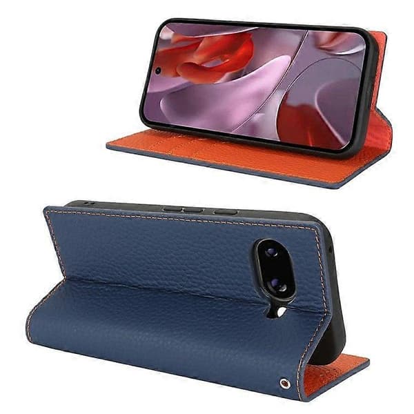 För Google Pixel 9a Plånboksfodral Äkta Kohud Telefonfodral Litchi Textur Dark Blue