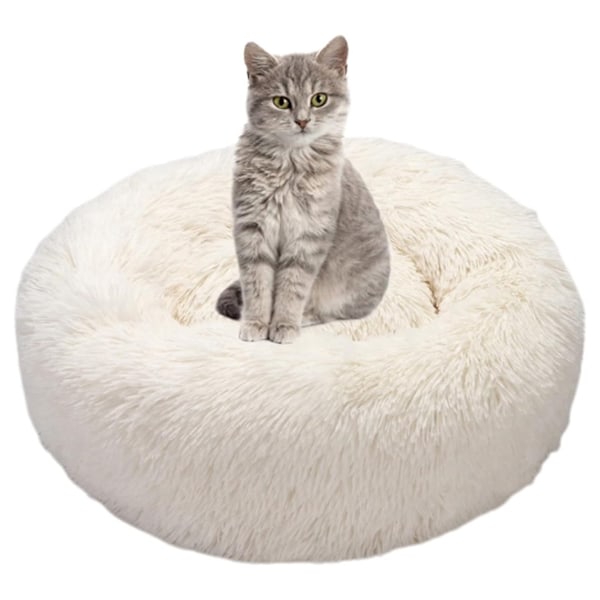 Mjuk Rund Hund- och Kattsäng - Lugnande Anti-Stress Plyschkudde för Katt och Hund, Donut Bekväm Tvättbar Säng för Katter och Små Mellanstora Hundar (Vit)