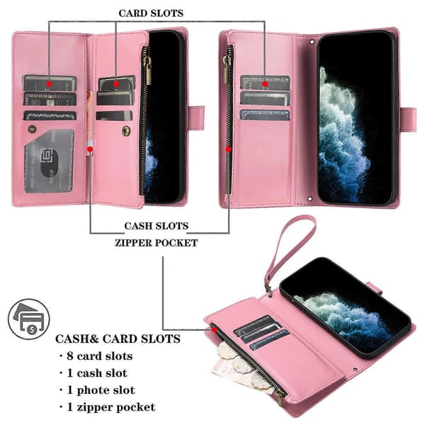 Kompatibelt med iPhone 15 plånboksfodral premium blixtlås stort utrymme flip PU-läderfodral Pink