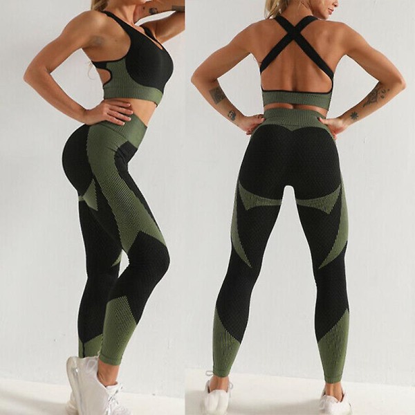Kvinnor Yoga Set Dragkedja Långärmad Eller Ärmlös BH Top Leggings Sport Kostym Träningskläder Fitness Green