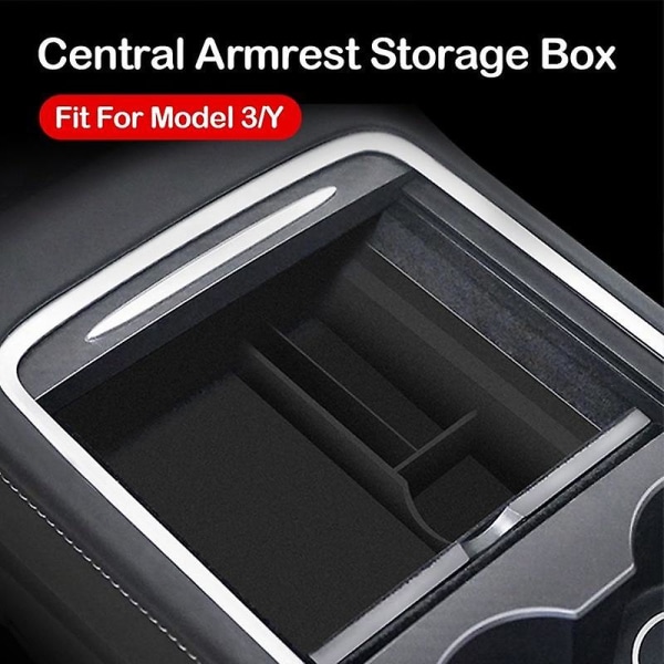 För Tesla Model 3 2021 Model Y bil central förvaringsbox organizer behållare flockad förvaringsväska hållare bil interiör tillbehör Flocking with hidden