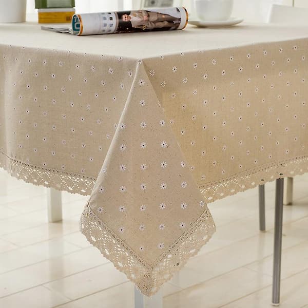 [LCS] Blomstermönstrad duk i linnebomull med spets, bordsduk 140cmx160cm