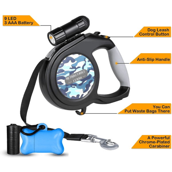 Infällbart hundkoppel, 8 m utdragbart hundkoppel med LED-ficklampa för mellanstora till stora hundar upp till 50 kg med knappbroms- och låssystem, bekväm ergonomisk design blue