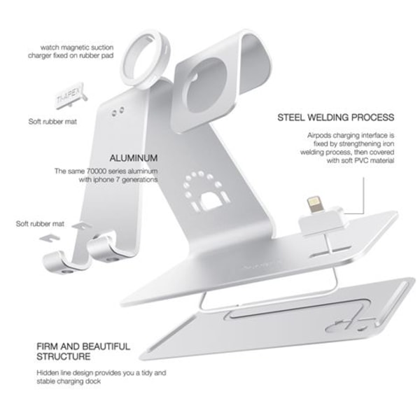 3-i-1-hållare i aluminium för Apple Watch, Airpods och iPhone