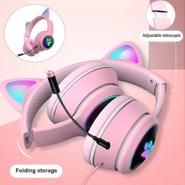 Kablet Gaming Headset Katteøre Hodetelefoner For Datamaskin Rosa Headset med Støyreduserende Mikrofon