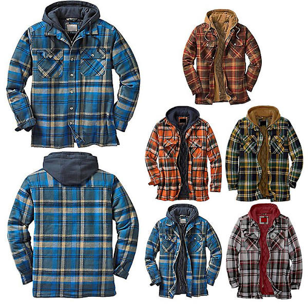 Quiltet Tykk Rutete Langermet Løs Jakke Herre Hettegenser Quiltet Foret Flanell Hette Full Glidelås Red Red