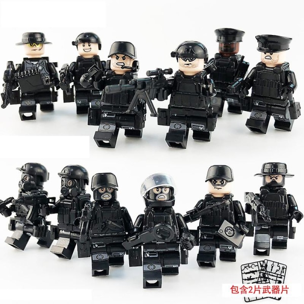 12st Black Swat Police Minifigure Building Block Tillbehör Mi