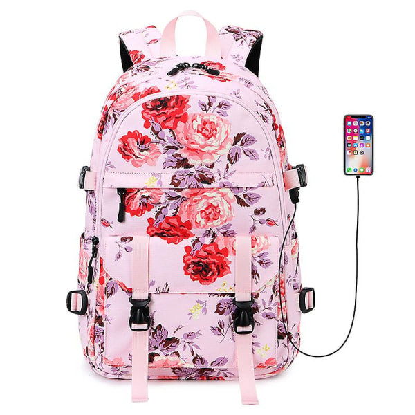 Blommig vattentät USB laptop ryggsäck, rese skolbokväska Pink