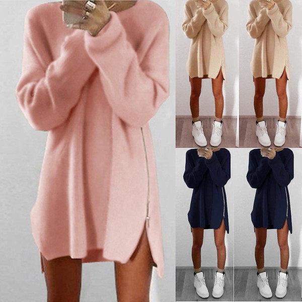 Plus Size Dam Oversize Baggy Tröjklänning Dam Dragkedja Stickad Lång Tröja S