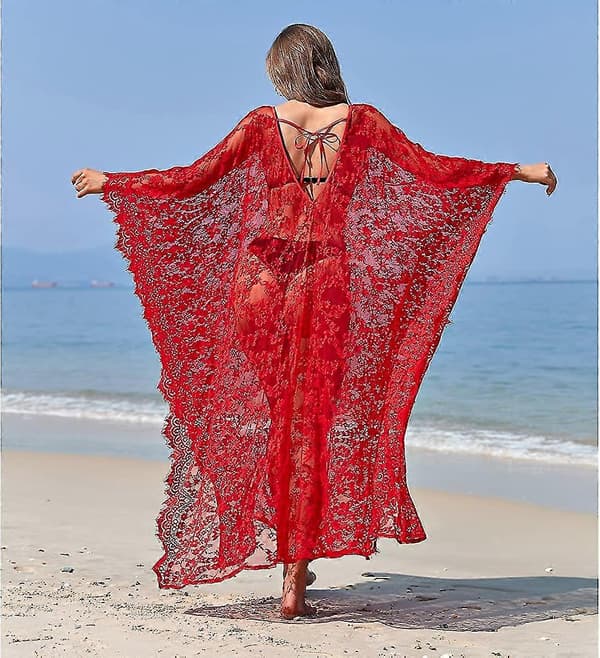 [LCS] Strandovertrekk Boho blondekimono Plus Size Bikini Robe Badedrakt for kvinner Solid-MXBC Red