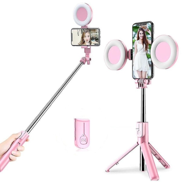 Bluetooth Selfie Stick LED Ring Light Utdragbart Handhållet Live Stativ pink