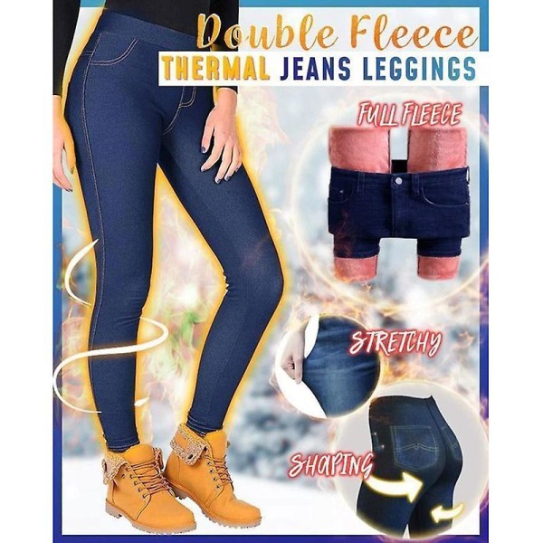 Double Fleece Thermal Jeggings Varmbyxor Jean Vinter Varma Byxor För Kvinnor Tjej Black 30