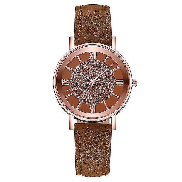 Stjärnklar Himmel Urtavla Mode Romerskt Index Strass Läder Dam Quartz Klocka Brown Color