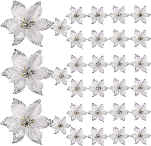 [LCS] 30 stk. glitterjuleblomster kunstige blomsterdekorasjoner