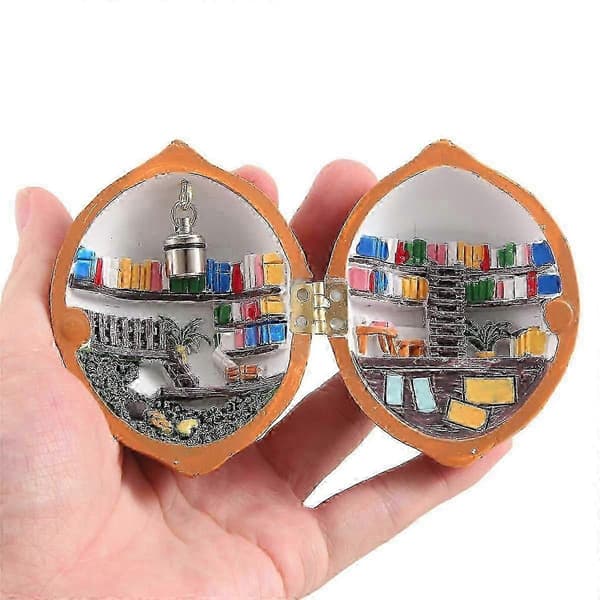 Valnøttskall, Bibliotek, Håndlaget Valnøttskall Dukkehus, Harpiks Nøtt Hemmelig 3D Scene, Harpiks Miniatyr js
