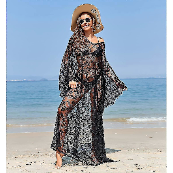 [LCS] Strandovertrekk Boho blondekimono Plus Size Bikini Robe Badedrakt for kvinner Solid-MXBC Black