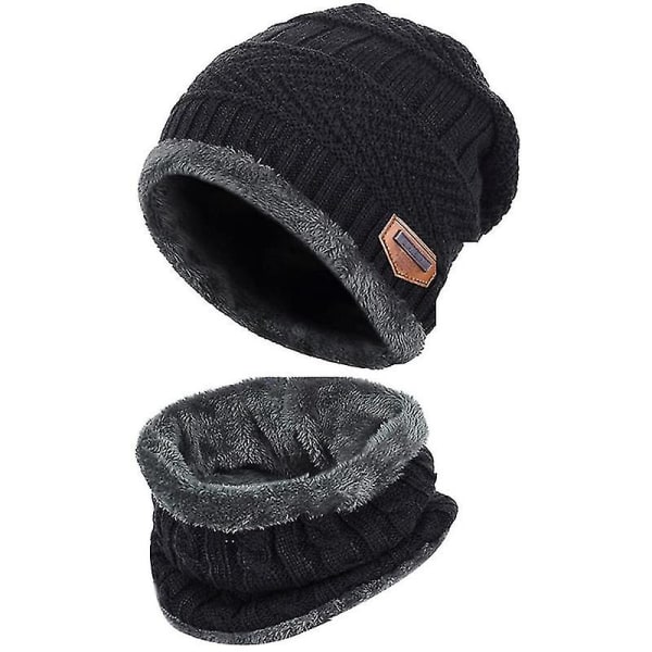 Vinter varm mössa Halsdukshandskar set Unisex vinter varm stickad mössa Halshandske för män Hat Black Two-piece Suit