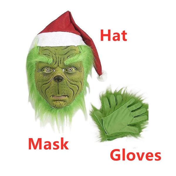 Grön Grinch Mask Santa Grinch Cosplay Mask Med Handskar Juldräkt Cosplay rekvisita Only Gloves