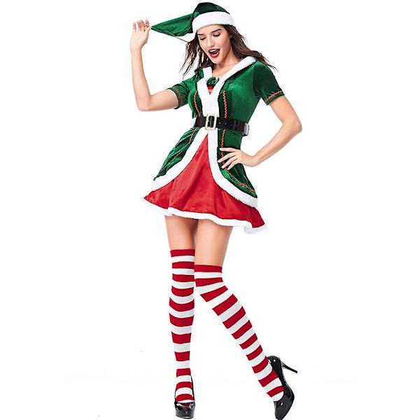 Grön Älv Juldräkt Cosplay Par Santa Claus Uniform För Vuxen Man Kvinna Högtid Fancy Jul Party Klänningsset Men M