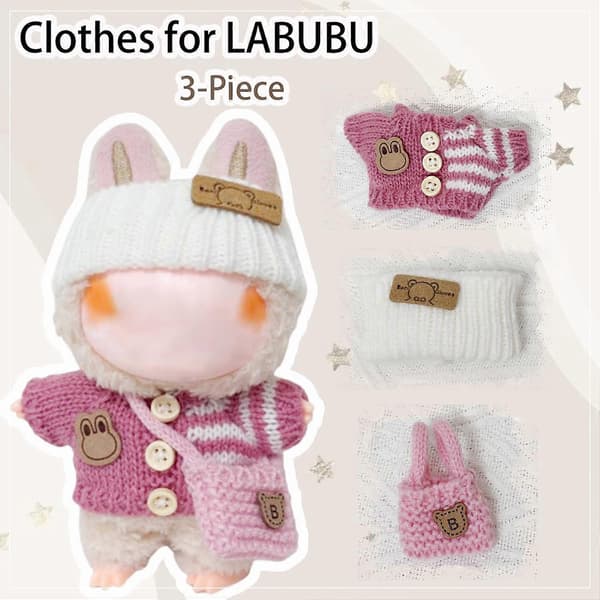 Tøj til Labubu 17cm Labubu tilbehør hæklet 3-delt sæt tøj til Labubu (lyserød sweater)