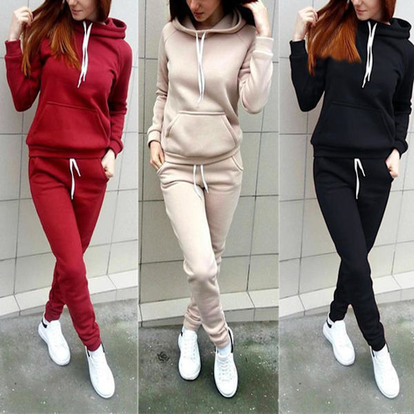 Dames Høst Sportdress med Kengurulomme Hettegensere og Buksesett for Trening Khaki 2XL