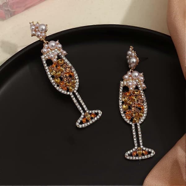 Champagneflaske øreringe, håndlavede krystal champagne vinglas øreringe rhinestone perle dråbe dinglende øreringe charmerende søde statement party E
