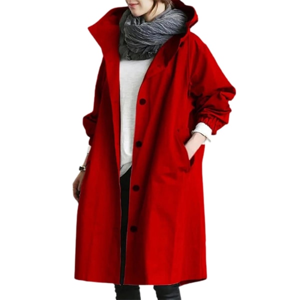Dam Vindjacka Casual Lös Knappfickor Huva Vindtät Vattentät För Utomhusvandring Red 4XL