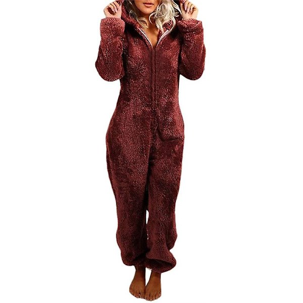 Bedårande Jumpsuit med dragkedja och huva, Fleece Pyjamas Dam Långbyxor Sovkläder Plysch Hoodies Sovkläder Wine Red S