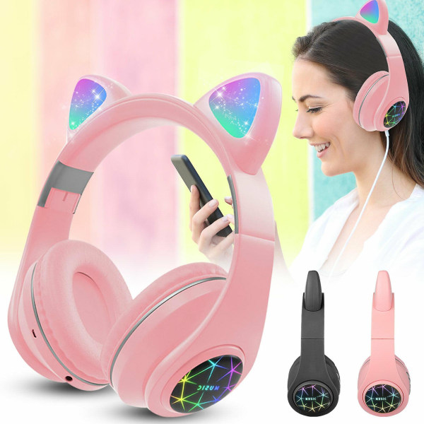 Bluetooth Trådlösa Cat Rabbit Ear Headset Led W/mic Hörlurar För Barn Flickor Pink
