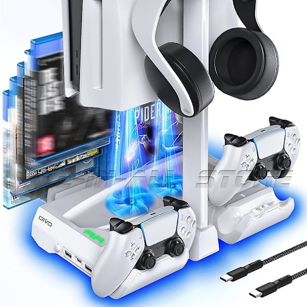 Nyaste PS5-ställ 2 handkontrollladdare 2 kylfläktar headsethållare 12 spelfack för Playstation 5 konsoltillbehör