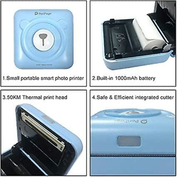 Mini fotoskrivare, trådlös Bluetooth thermal skrivare Uppladdningsbar etikettmaskin 3+1 rullar thermal etikettpapper Blue