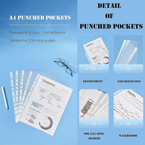 AURA 30 Micron Klare A4 Hul Lommer, Plastik Ark Beskytter til 11-Huls Pasform til 3 Ringbind, til Ringbind Mapper