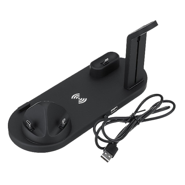 6 i 1 desktop Qi trådløs telefonoplader earbuds oplader ur oplader telefonholder black