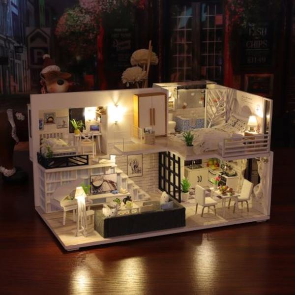 Miniaturehus DIY 3D Træmøbler LED Hus Puslespil Dekoration