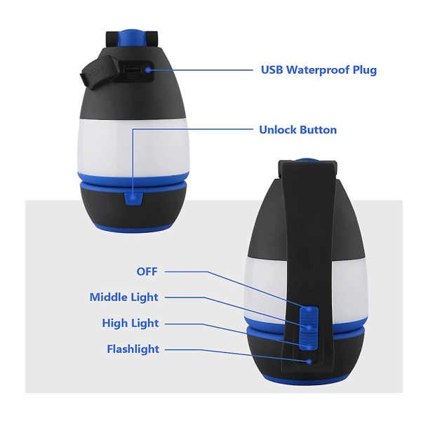 Campinglykta, 3 i 1 Vikbar Ficklampa LED Utomhusbelysning