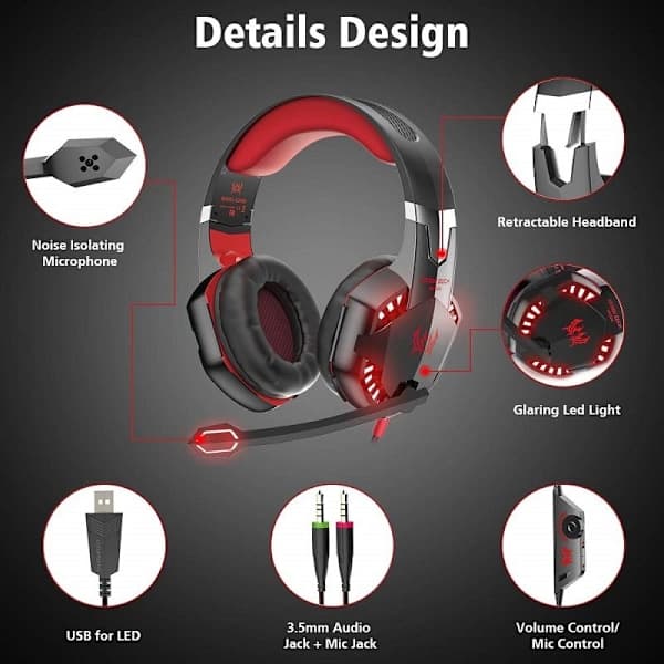 [LCS] Gaming Headset Over-Ear med Mikrofon, Kablede Hovedtelefoner til PC PS4 Xbox Rød ed