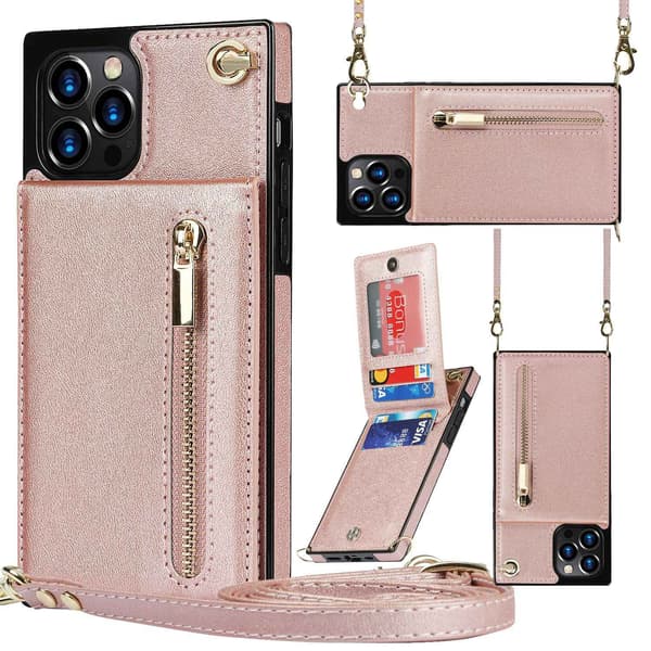 [LCS] Etui til iPhone 13 6.1 rosaguld crossbody lynlås læder kortplads