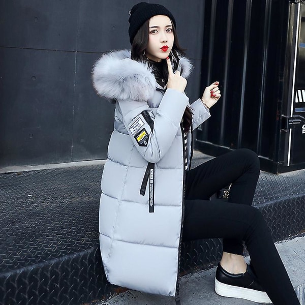 Dame Pufferjakke Vinter Lang Frakke Almindelig Pasform Varm Basic Casual Jakke Gray M