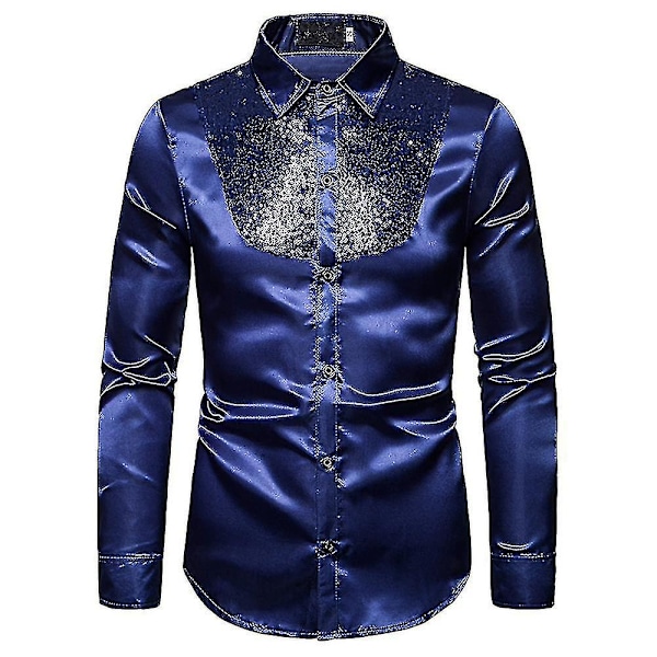 Miesten paljetti glitter slim fit napitettava paita juhlaan, pitkähihainen paita, tummansininen M Navy Blue