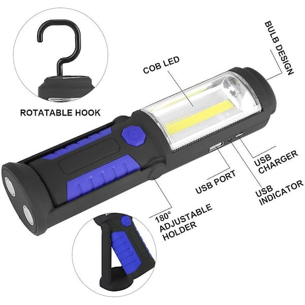 Ladattava LED-työvalaisin magneettisella LED-taskulampulla, 2200 mAh COB LED 650 lm 3 W (sininen)