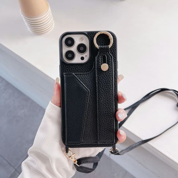 [LCS]Fodral för iPhone16Pro 425 svart läderrem handledsaxelband kort