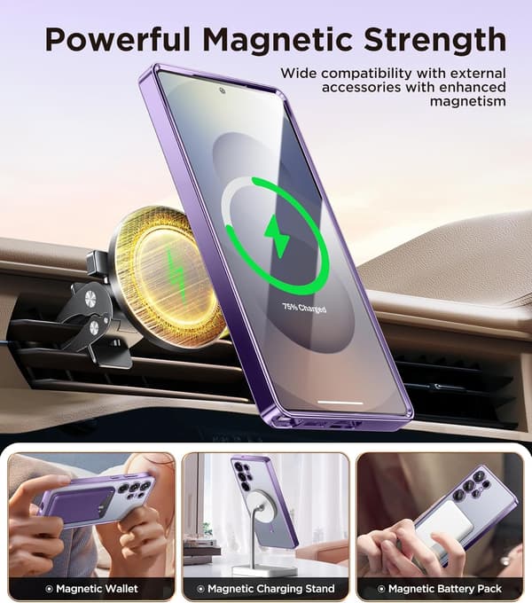 [LCS]Magnetic Case Samsung Galaxy S25 Ultra, Compatible with MagSafe, [Full Camera Protection] [Screen Protector] Shockproof Plated Transparent Black\/Clear