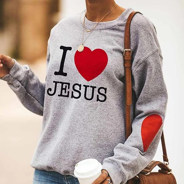 [LCS]I Love Jesus Hjerteprint Langærmet Pullover Afslappet Sweatshirt til Kvinder Rund Hals Pullover Top L