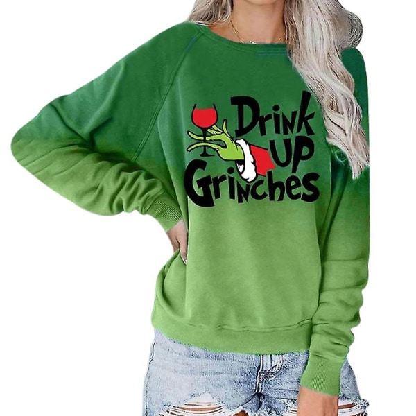 Grønn Bokstavtrykk Langermet Festival Genser Dame Jul Drikk Opp Grinch Trykt Topp 2XL