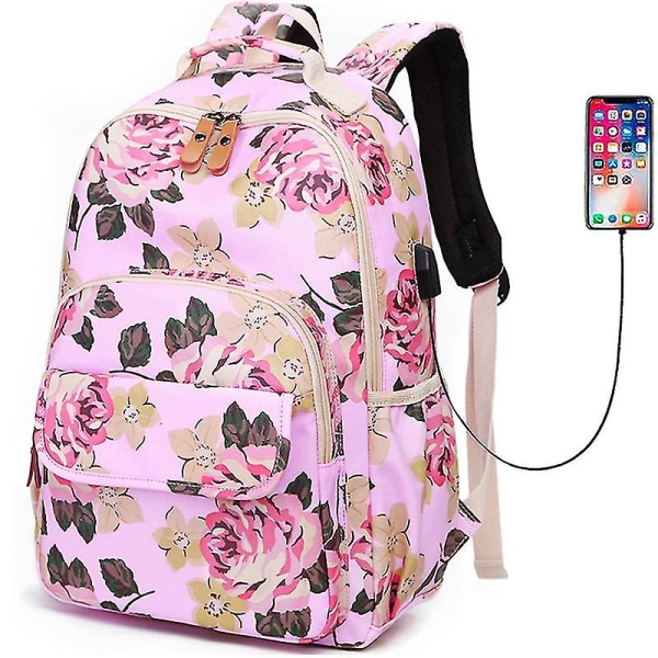 Laptop-ryggsäck, blommig vattentålig USB dagssäck, travel School College Pink